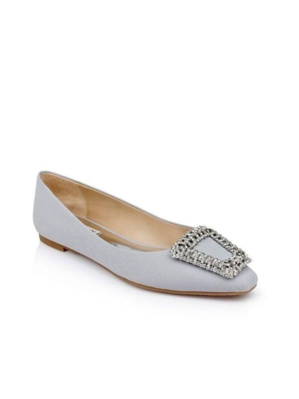 Badgley Mischka Emerie Embellished Crystal Buckle Satin Silver Slip on Flats NWT